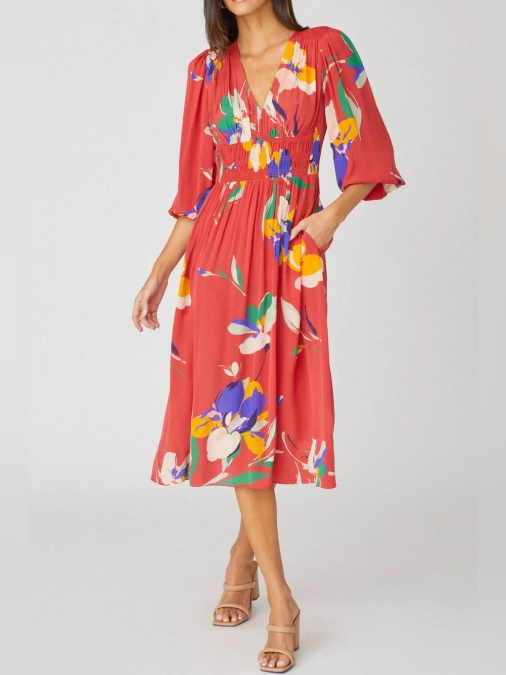 Shoshanna Emanuela Red Floral Smocked Waist
Midi Dress Size 12
